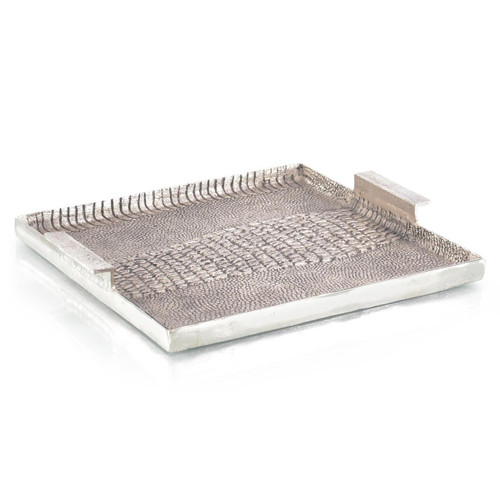 The handcrafted process of this cast aluminum tray creates the lifelike, textured alligator pattern. This handsome tray can be used for serving, or as an accent piece placed on a cocktail table or ottoman.