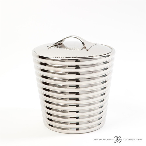 Rich nickel ridges encircle this divine ice bucket which features a stainless steel liner and a removable hammered lid with a gorgeous bow motif handle.  Julia Buckingham, Global Views