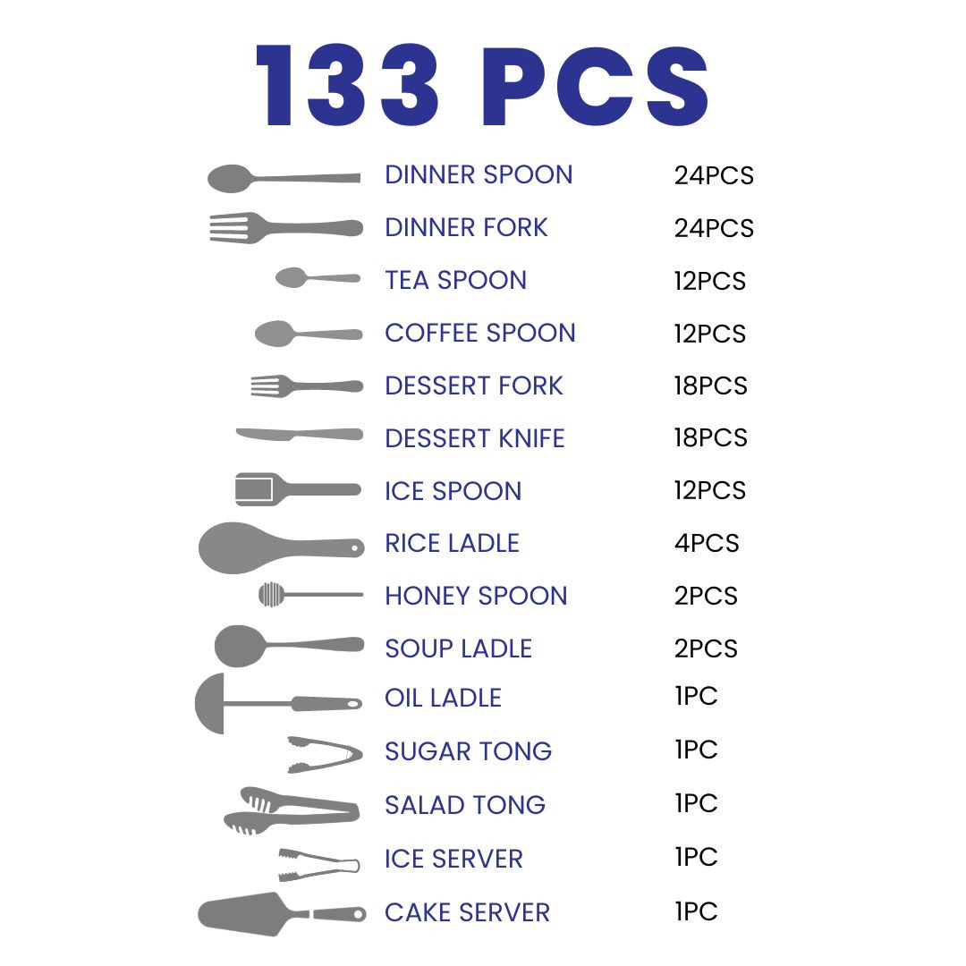 Arshia Stainless Steel Cutlery Set 133pc  Silver Matte