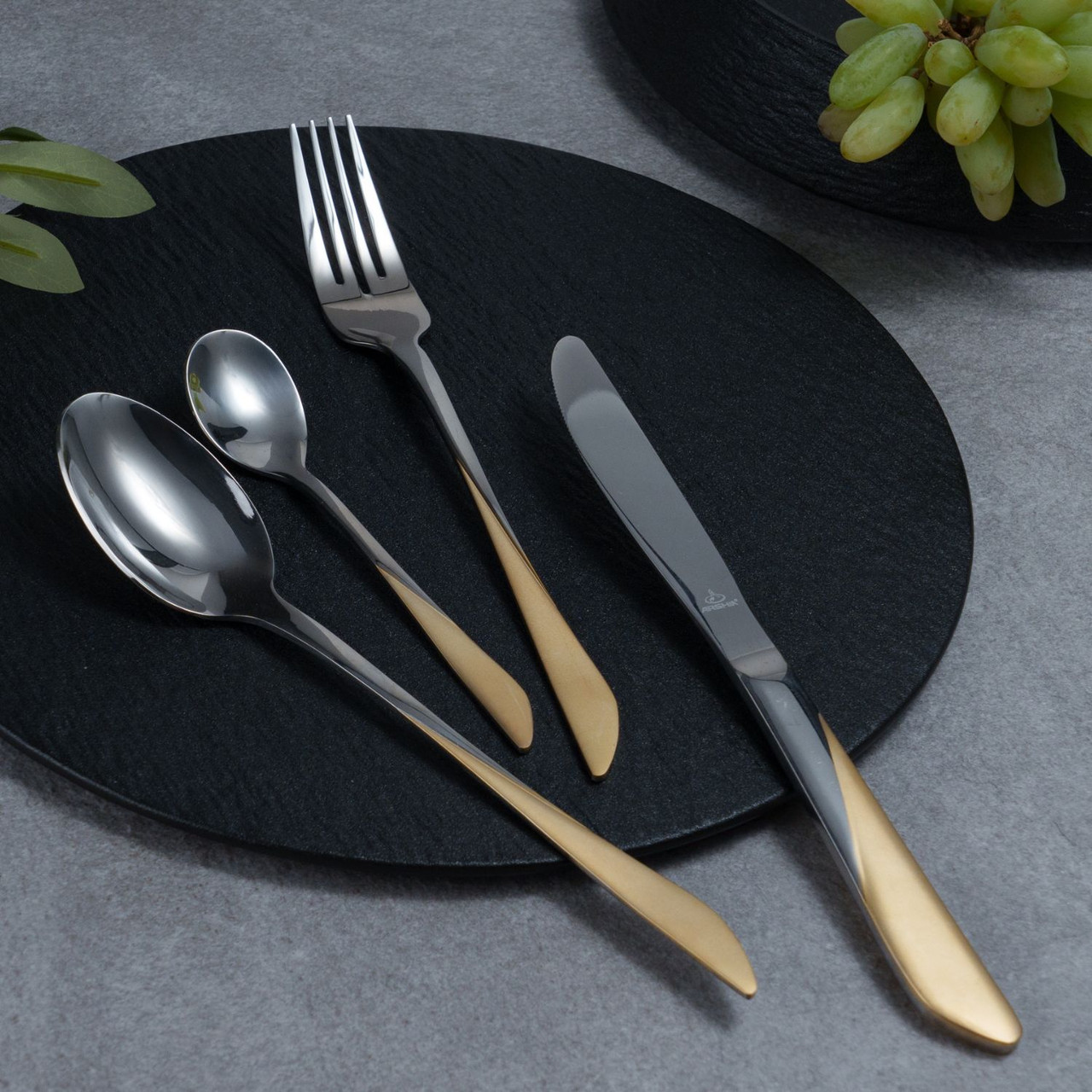 Arshia Premium Cutlery Set with Stand Gold and Silver 24pcs