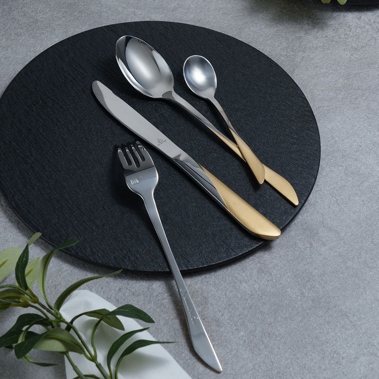 Arshia Premium Cutlery Set with Stand Gold and Silver 24pcs