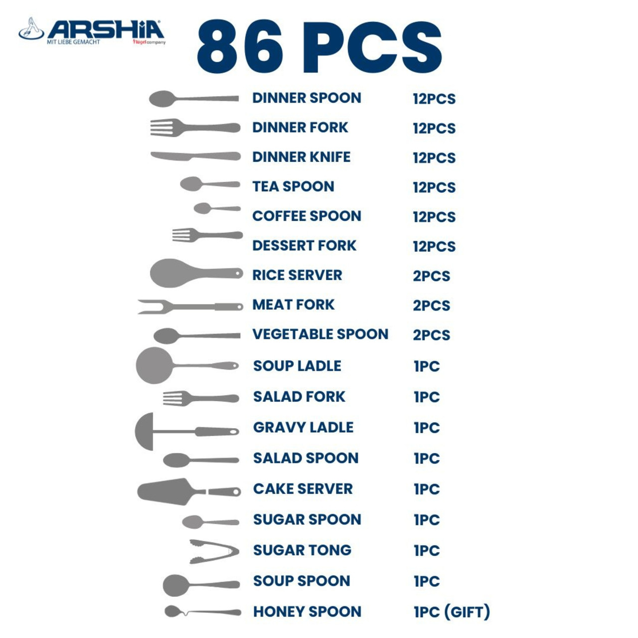 Arshia Stainless Steel Cutlery Set 86pc Silver Matte