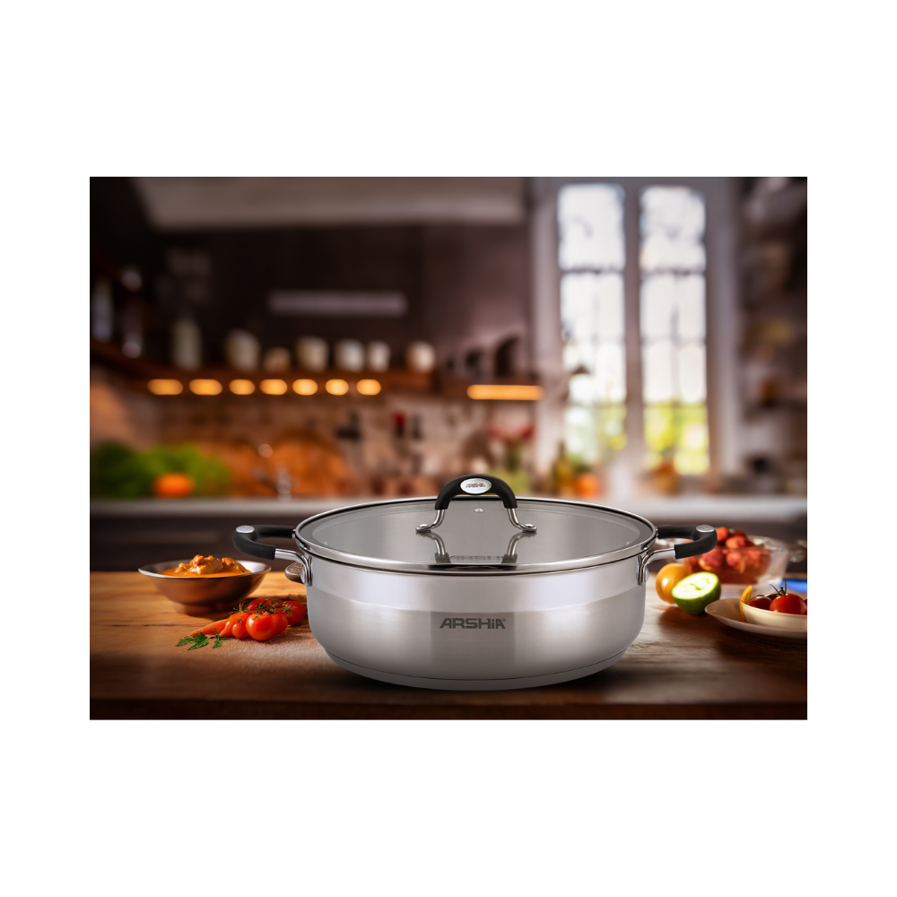 Arshia 28cm Stainless Steel Shallow Pan with 2 Lids