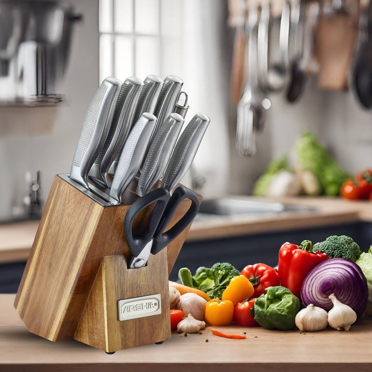 Arshia Wooden Block Stainless Steel Knife Set 10pcs