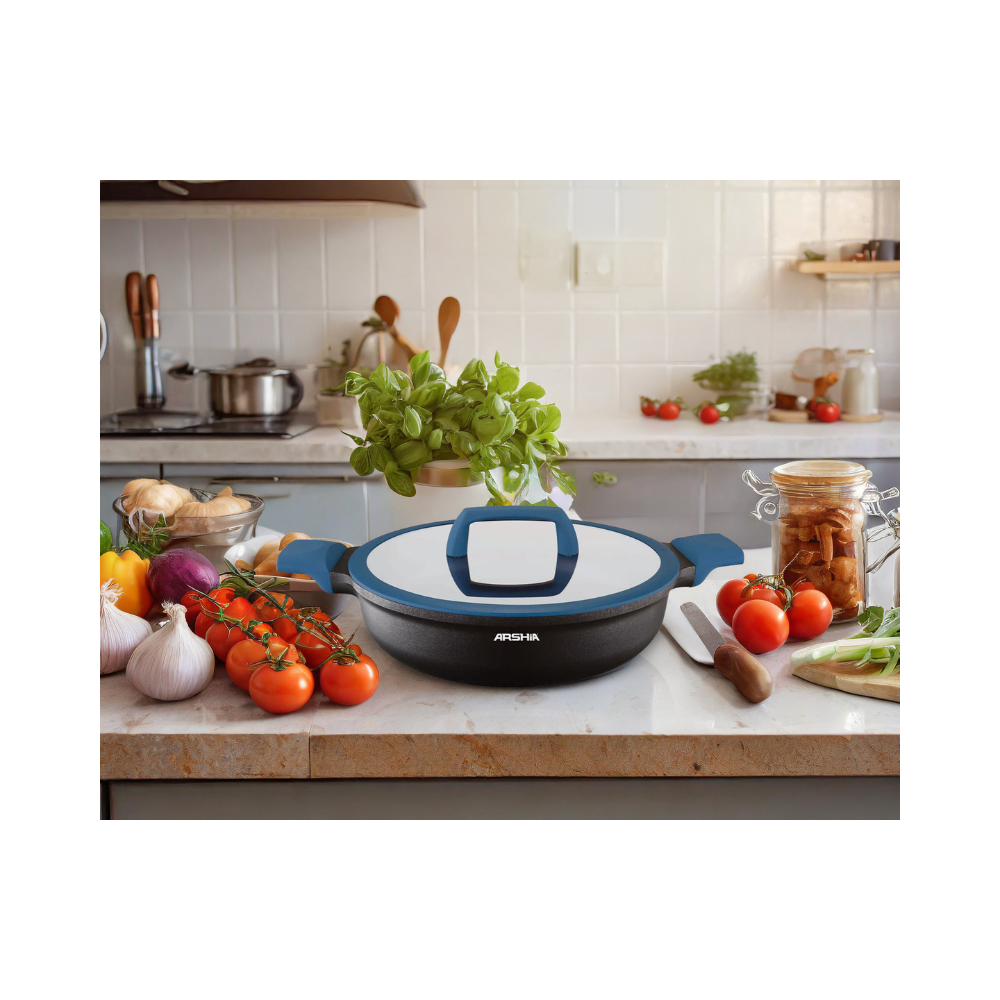 Arshia 28cm Shallow Pan with Blue Lid