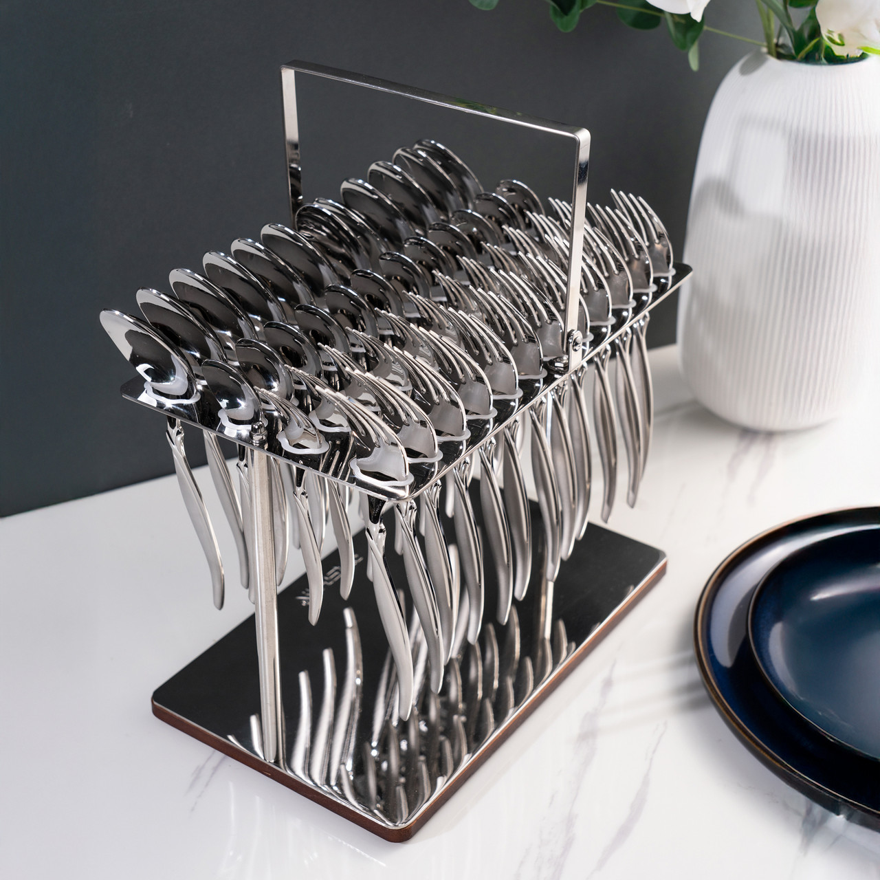 Arshia 48-piece Silver Cutlery Set  with Stand
