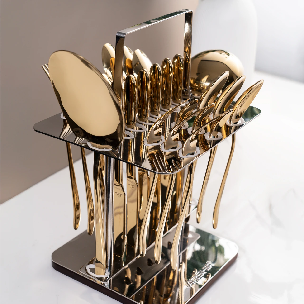Arshia 26-piece Gold Silver Cutlery Set with Stand