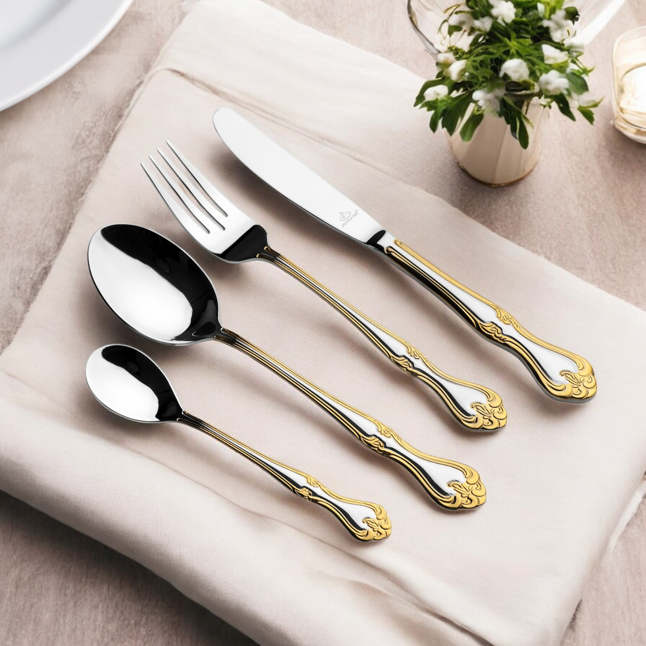 Arshia 26-piece  Gold Silver Cutlery Set with Stand