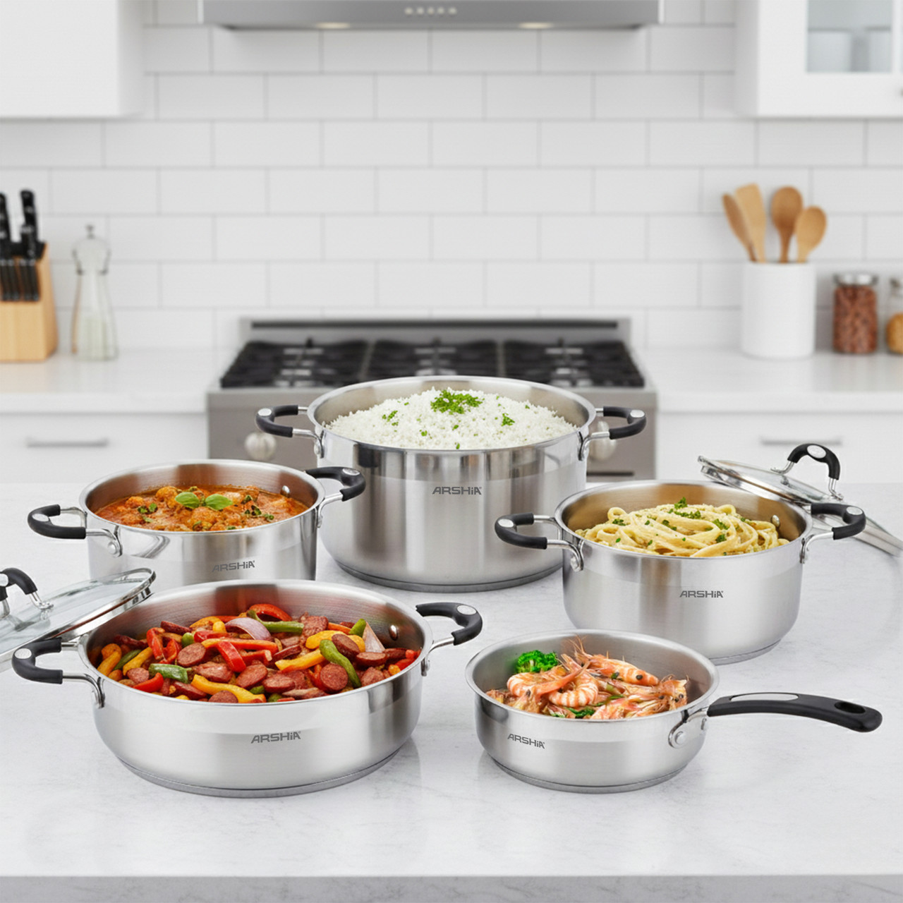 Arshia 9-Piece Stainless Steel Cookware Set + 3 Extra Lids