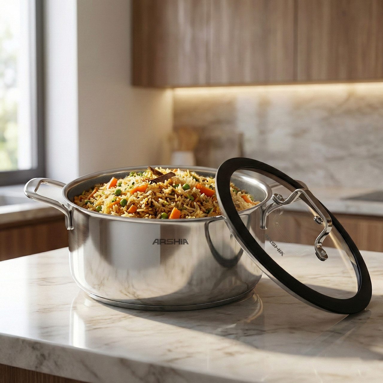 Arshia 28cm Hybrid Stainless Steel Non-Stick Casserole with Lid