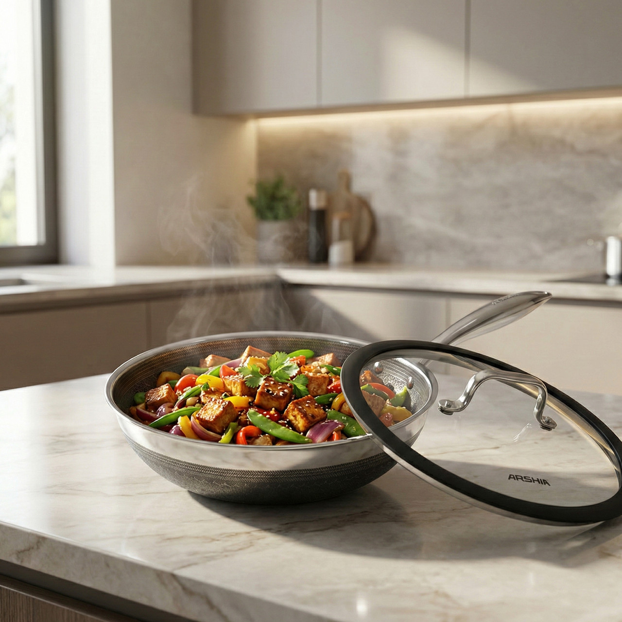 Arshia 26cm Hybrid Stainless Steel Non-Stick Wok Pan with Lid