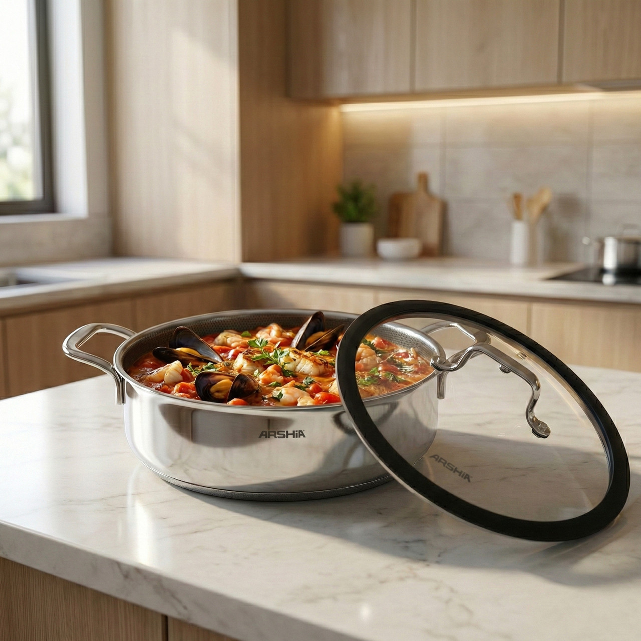 Arshia 24cm Stainless Steel Shallow Pan with Lid