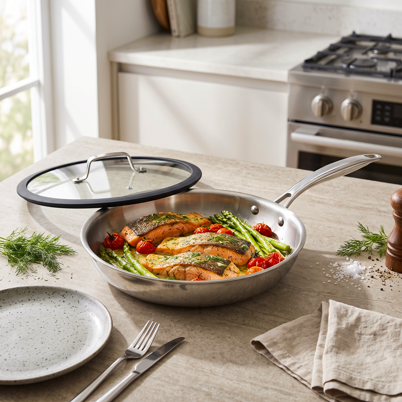 Arshia 20cm Tri-Ply Stainless Steel Cone Fry Pan with Lid