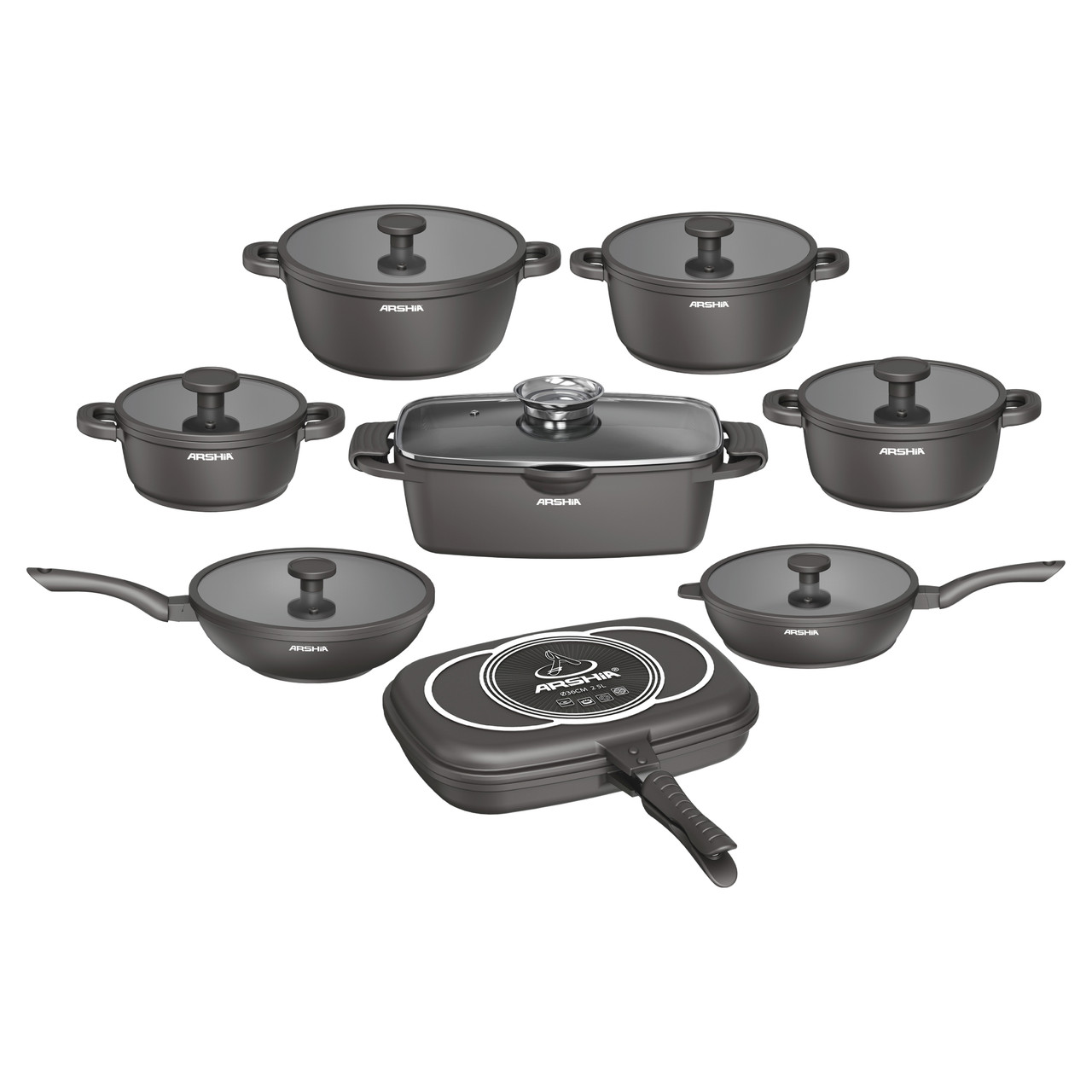 Arshia 16-Piece Die-Cast Aluminum Cookware Set – Charcoal