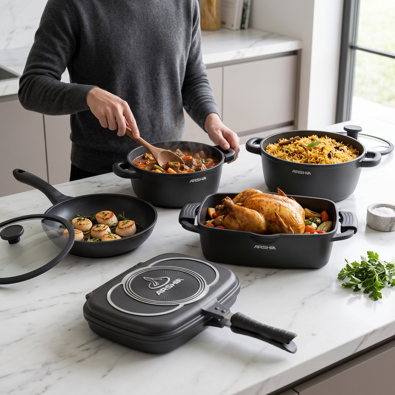 Arshia 16-Piece Die-Cast Aluminum Cookware Set – Charcoal