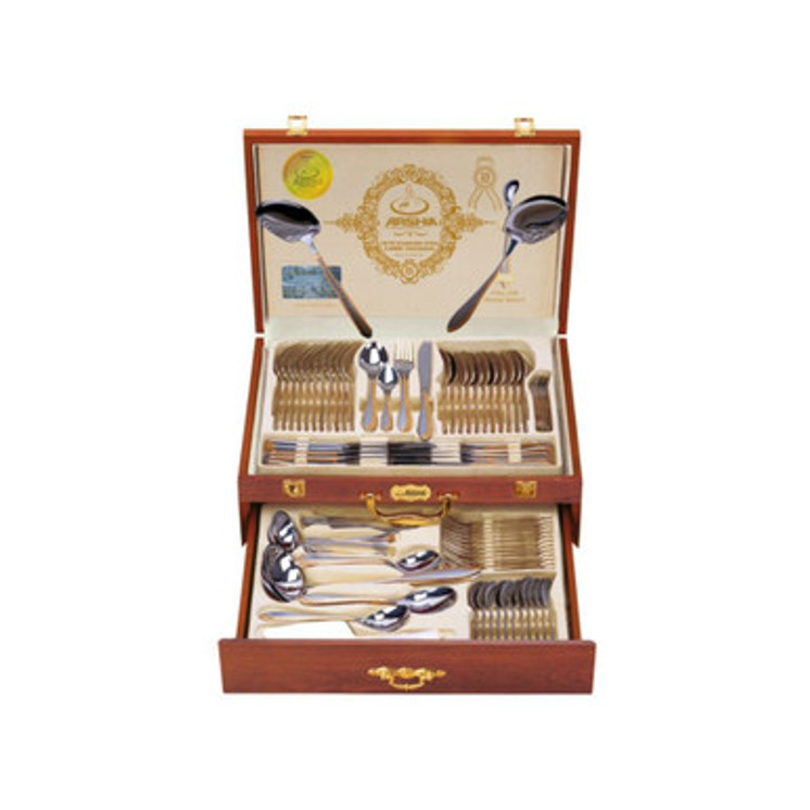 Arshia Gold Cutlery 86pc Set with Wooden Box TM1111G