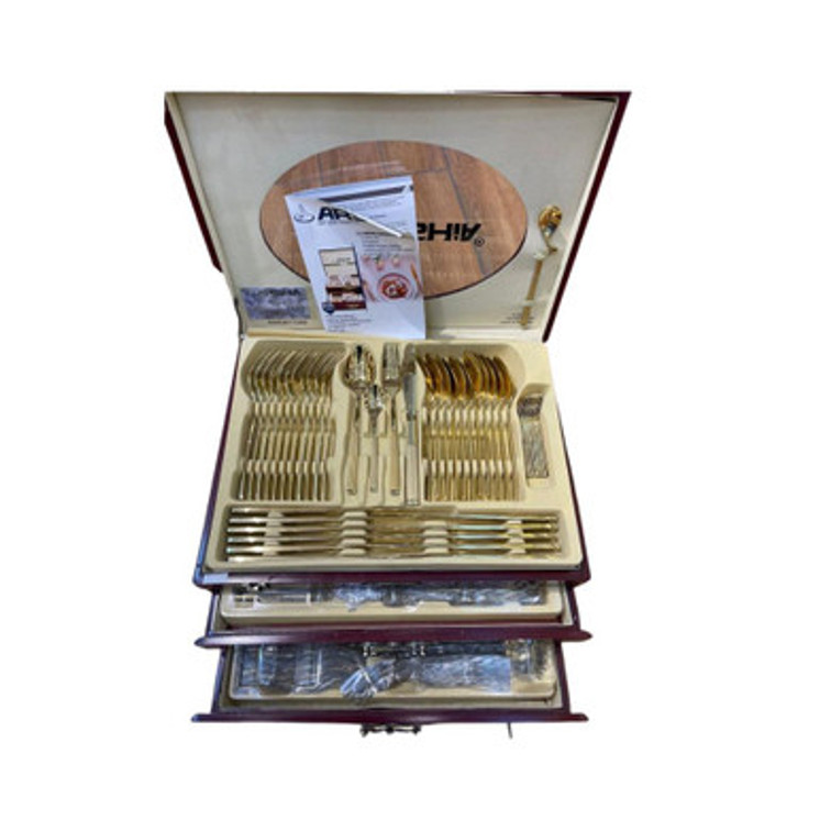 Arshia Premium Gold Cutlery set 128 Piece with Wooden Box