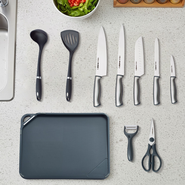 Arshia 11-piece Steel Knife Set with Cutting Board and Knife Stand