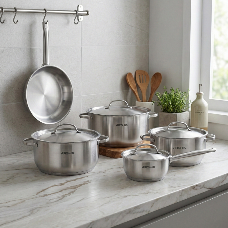 Arshia 9-Piece Stainless Steel Cookware Set Satin-Finish Stainless Lids