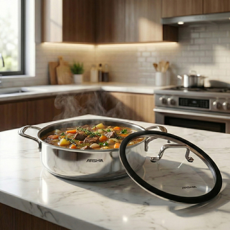 Arshia 28cm Hybrid Stainless Steel Non-Stick Shallow  Pan with Lid