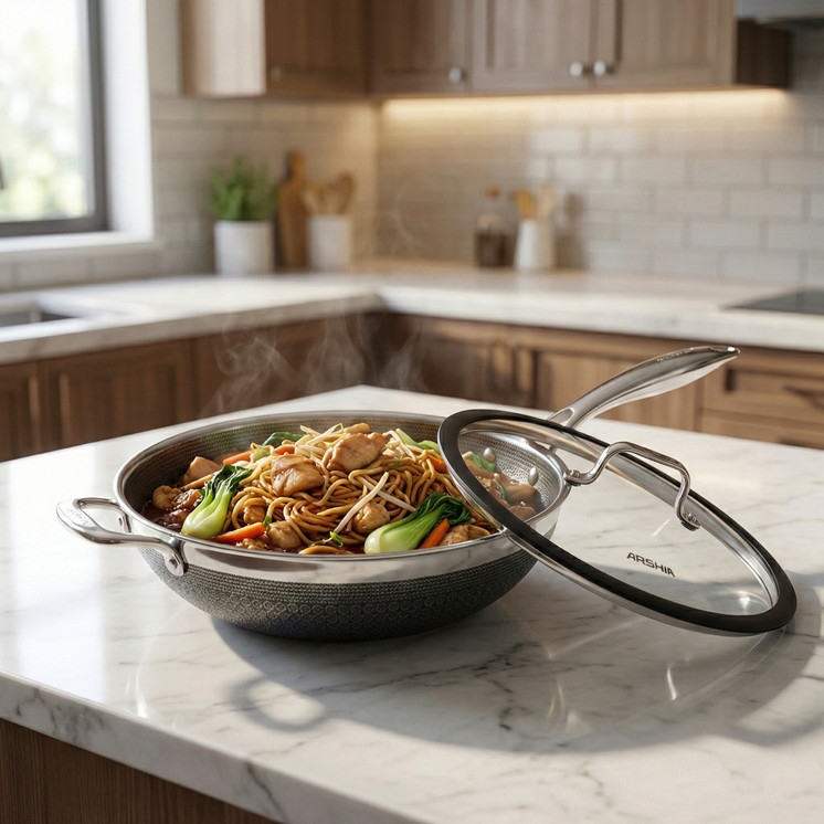 Arshia 30cm Hybrid Stainless Steel Non-Stick Wok Pan with Lid