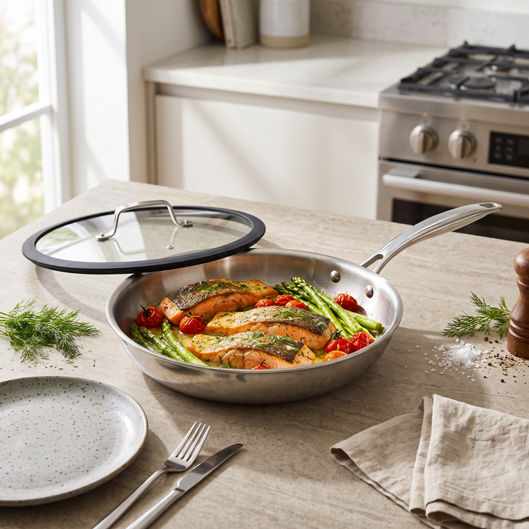 Arshia 24cm Tri-Ply Stainless Steel Cone Fry Pan with Lid