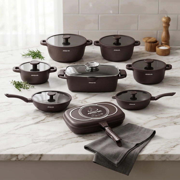 Arshia 16-Piece Die-Cast Aluminum Cookware Set – Deep Brown