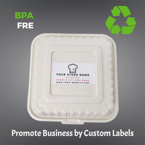 (8''x8''x3'') Microwaveable & BPA Free 3 Compartment Hinged/Clamshell Containers with Custom Company Labels (150 Pcs) (8''x8''x3'') Microwaveable & BPA Free 3 Compartment Hinged/Clamshell Containers with Custom Company Labels (150 Pcs)
