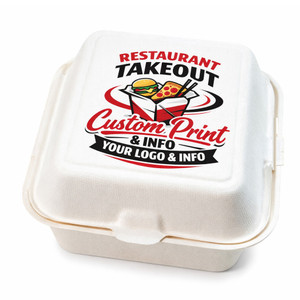 6''x6''x3'' Sugarcane Custom Hinged Takeout Containers – Compostable Bagasse Clamshell Food Boxes, Eco-Friendly Disposable Restaurant To-Go Containers, Custom Logo Printing