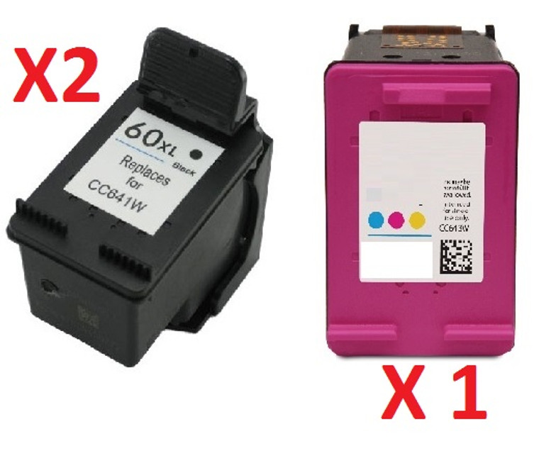 HP 60XL Remanufactured Ink Cartridges High Yield (2 Black, 1 Color)