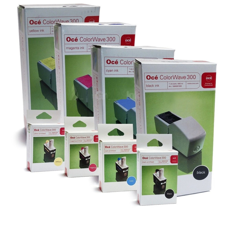 Original OCE ColorWave 300 29953904, 29953905, 29953906, 29953907 4-Pack Ink Cartridge and Printhead Combo Pack