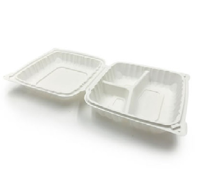 White 9'' x 9'' x 3'' Hinged Plastic / Clamshell 3 Compartment Take Out Containers (240 Pcs) - Microwaveable Safe