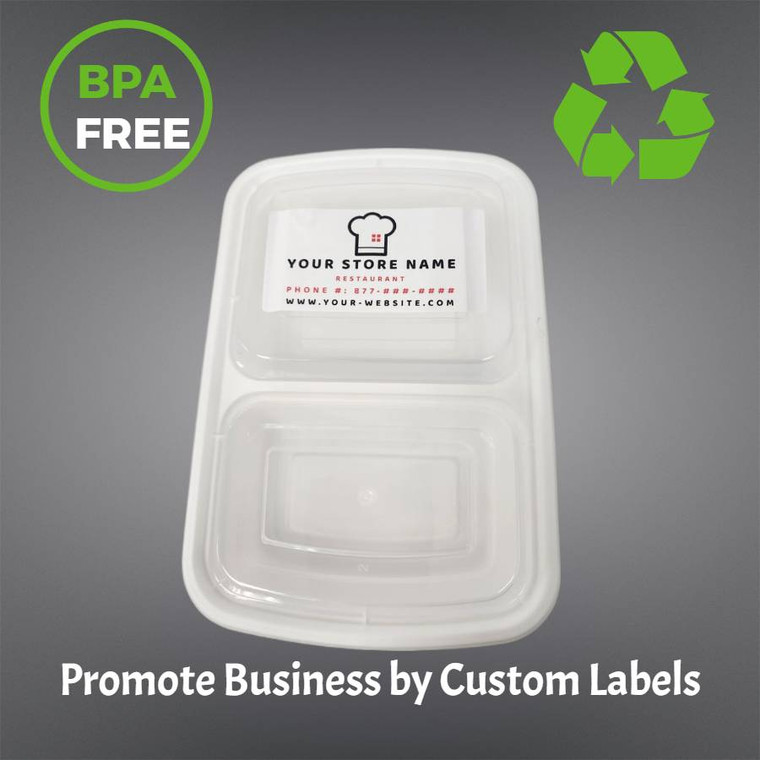 32 oz Microwaveable BPA Free 2 Compartment Take Out Containers with Lids & Custom Labels - Rectangular Design (8.82"x6.1"x1.73"), Recyclable Food Storage for Hot & Cold Meals (150 Combos)