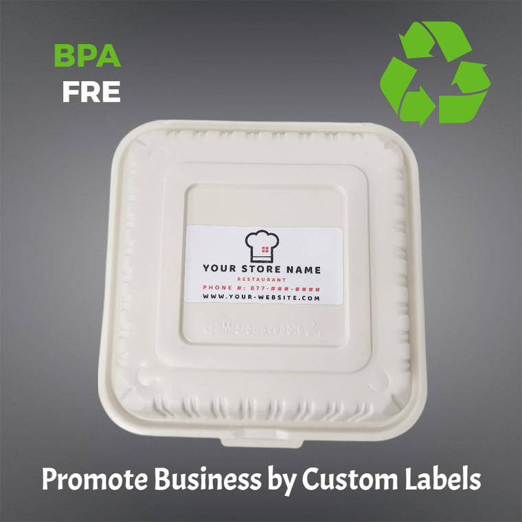 (9''x9''x3'') Microwaveable & BPA Free 3 Compartment Hinged/Clamshell Containers with Custom Company Labels (150 Pcs)
