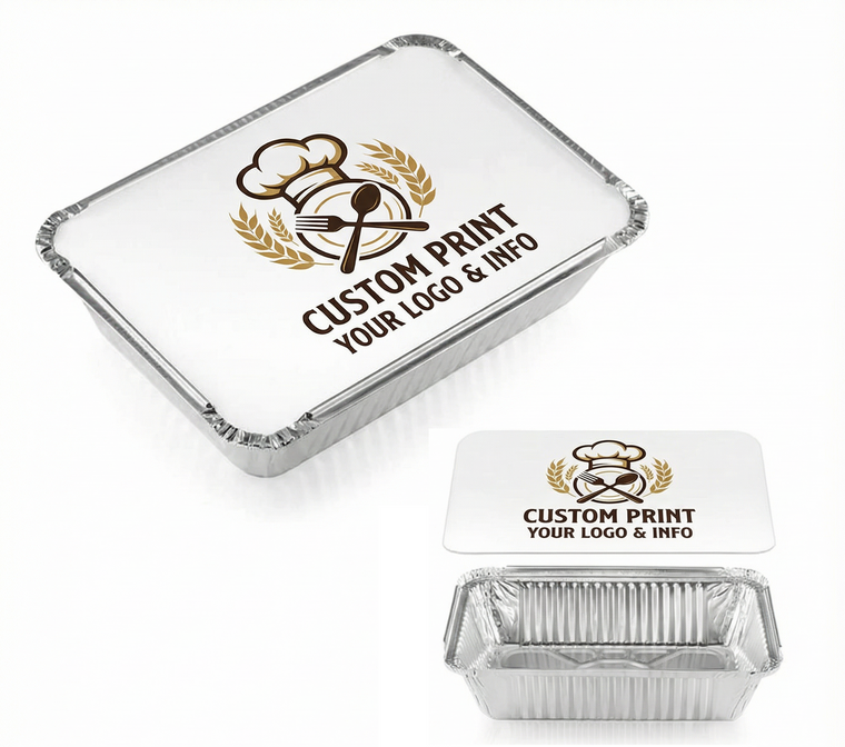 Custom Printed Rectangular Foil Container Lids – Fits 4.5″×5.5″ 1 lb, 6.75″×5″ 1.5 lb & 8.4″×6″ 2.25 lb Foil Takeout Containers – Logo & Info Printing (Not Including Containers)