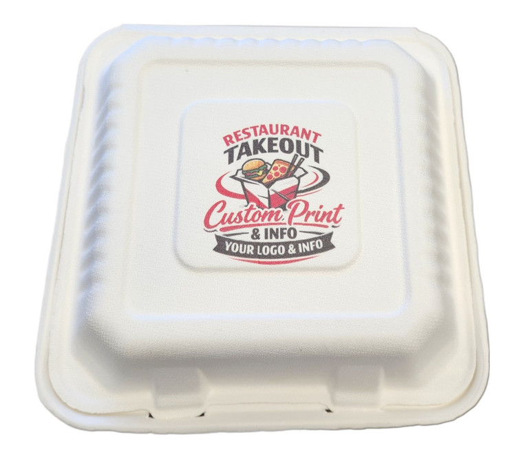 8''x8''x3'' Sugarcane Custom Hinged 3 Compartment Takeout Containers – Compostable Bagasse Clamshell Food Boxes, Eco-Friendly Disposable Restaurant To-Go Containers, Custom Logo Printing