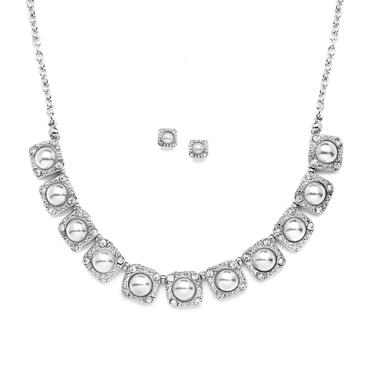 Mariell Bridals Vintage Wedding Necklace and Earring Set with Silvery White Pearls 4244S