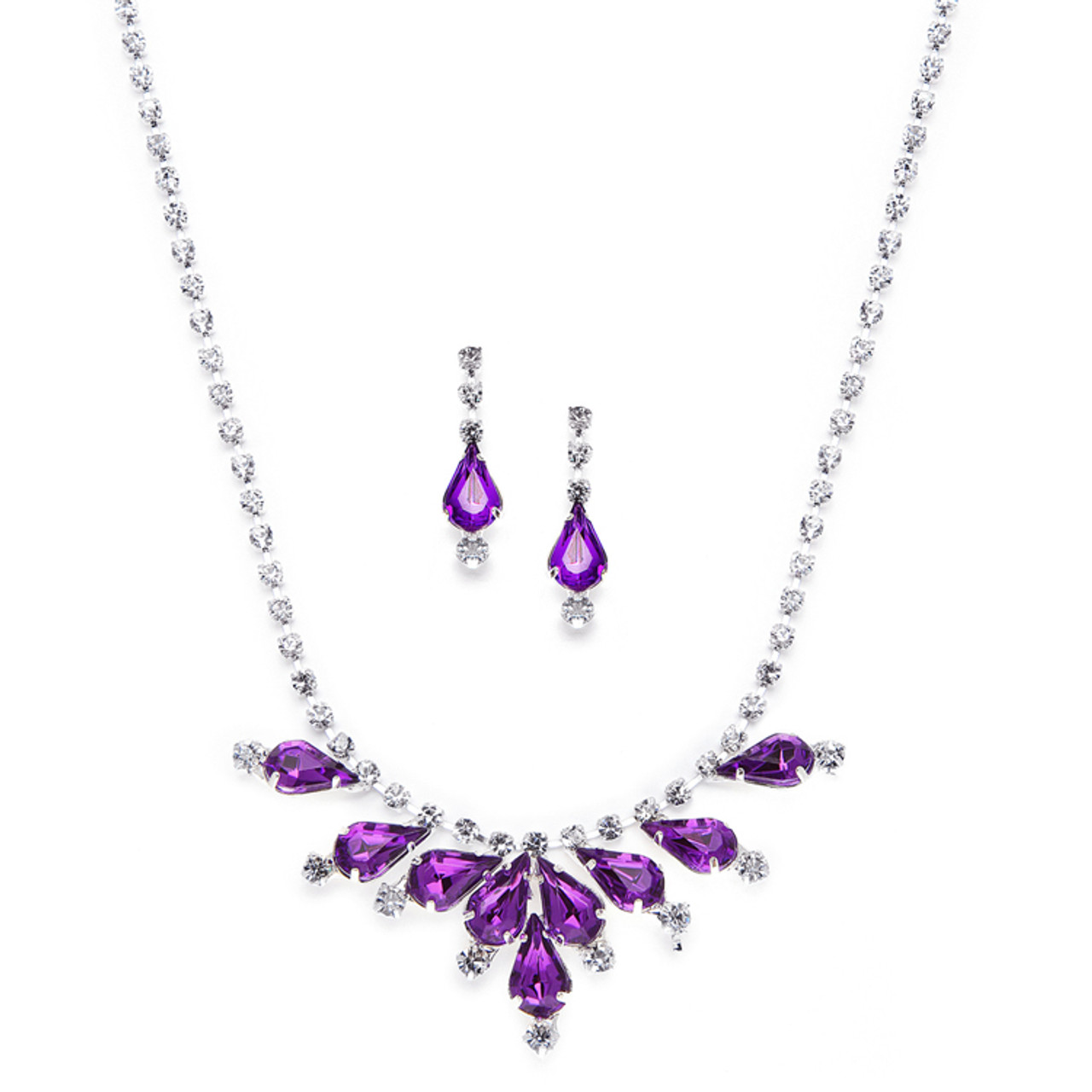 Mariell Bridals Rhinestone Neck Set with Purple Pears 3838S-PU