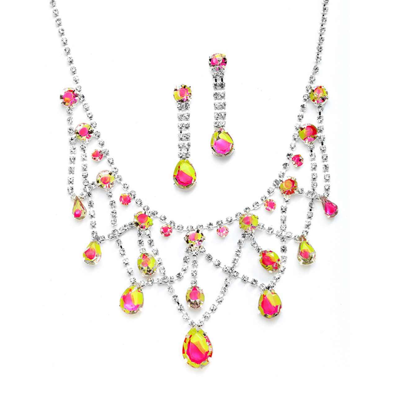 Mariell Bridals Hand-Painted Neon Rhinestone Necklace & Earrings Set 4133S-NEMU