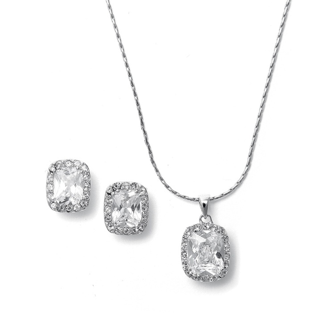 Mariell Bridals CZ Cushion Cut Bride or Bridesmaid Necklace Set 262S-CR
