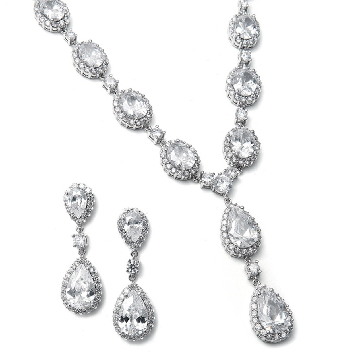 Mariell Bridals Bridal Necklace Set with Bold CZ Pears and Ovals 308S-CR