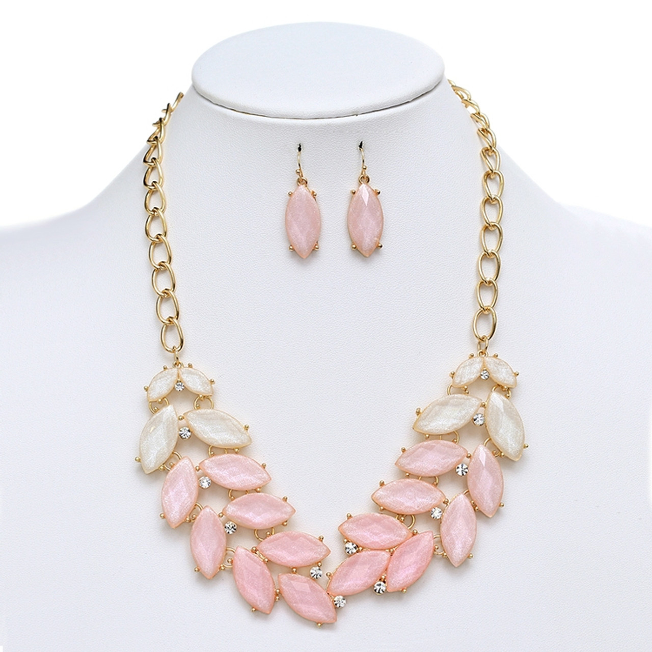 Mariell Bridals Shimmering Pink Multi Leaves Necklace & Earrings Set 4324S-PK-G