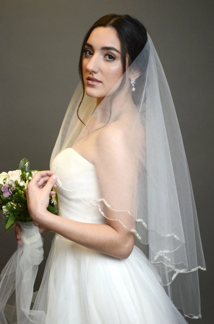 Fingertip Length Two-Tier Veil with Scallop Edge