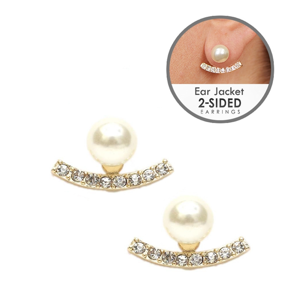 Mariell Crystal Curved Gold Ear Jackets with Cream Pearls 4363E-SC-G