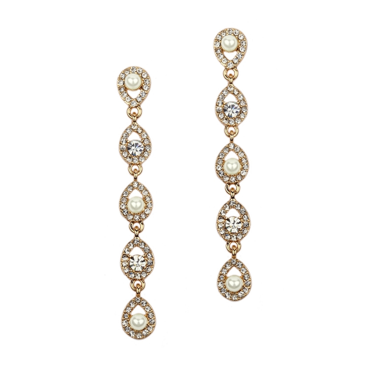 Mariell Gold Linear Teardrop Pearl and Crystal Dangle Earrings 4518E-I-G