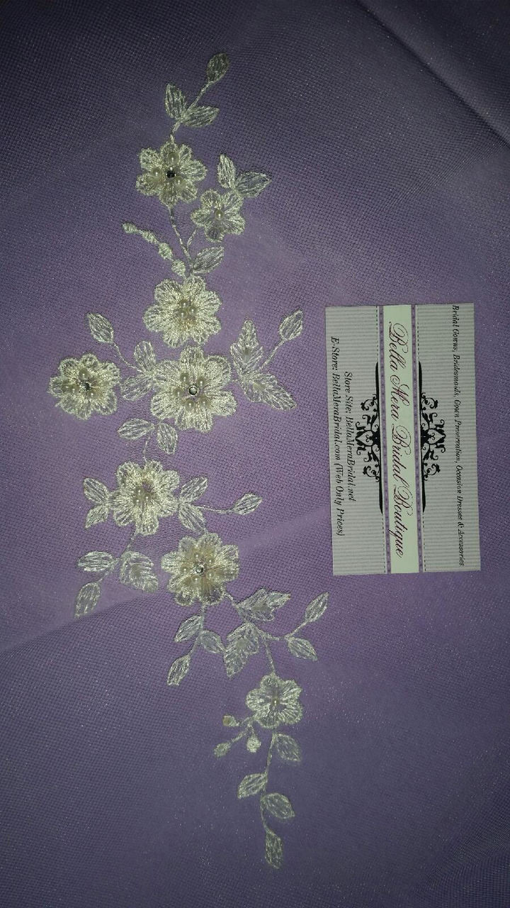 Bel Aire Bridal Veils V7310- Rolled Edge Alençon Lace Appliqués -  Quick Ship White 