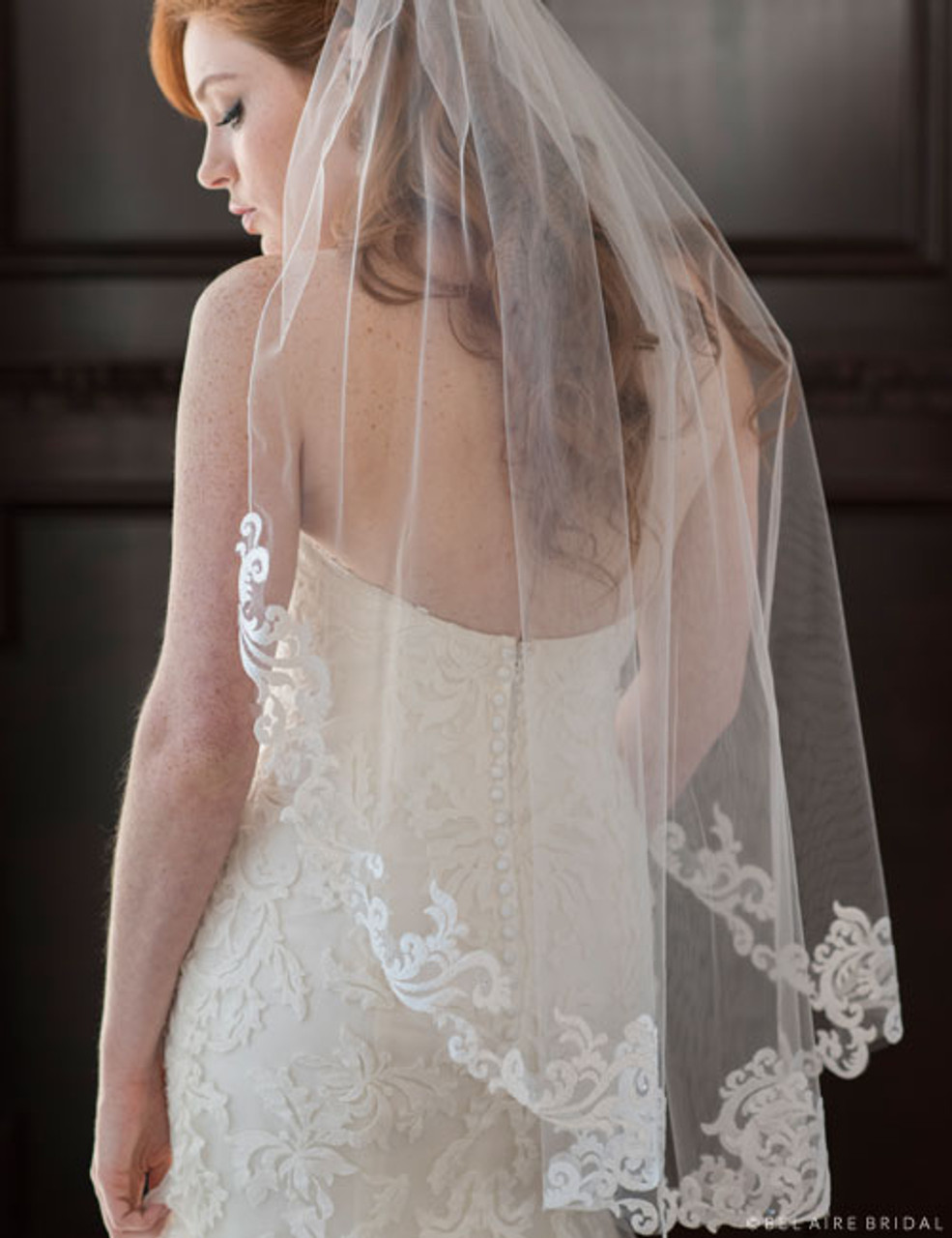 Bel Aire Bridal Veils V7357 1-tier fingertip veil with Baroque designs