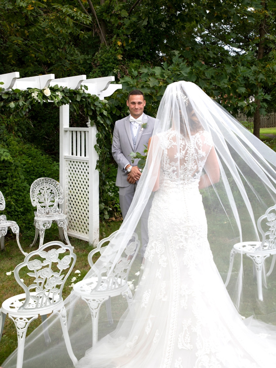 One Blushing Bride Cathedral Veil with Floral French Lace Trim, White/ Ivory White / Cathedral 108 Inches / Lace All The Way Up