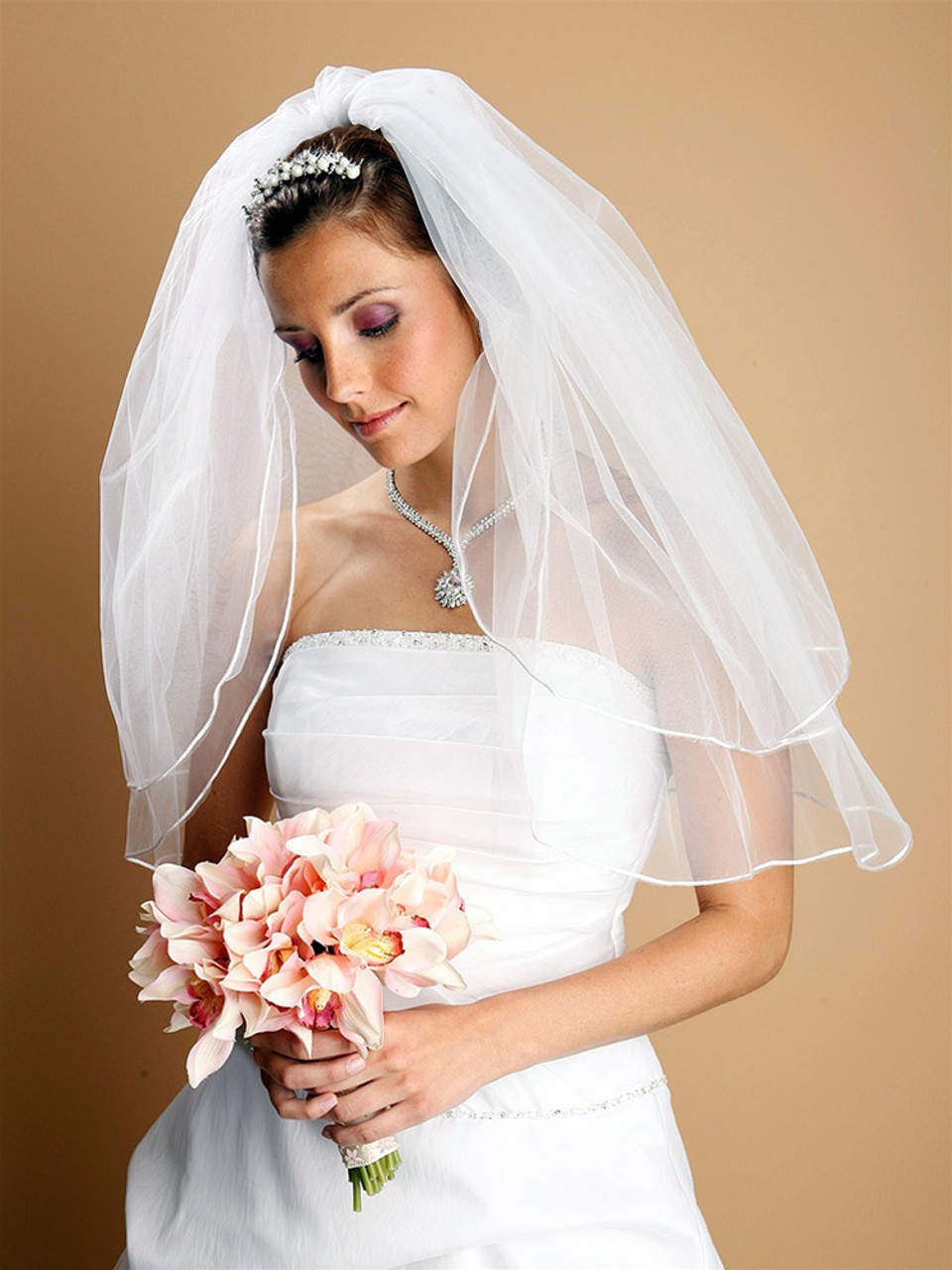 One Blushing Bride Two Tier Drop Wedding Veil, Long Veil with Blusher, Double Layer White / Chapel 90