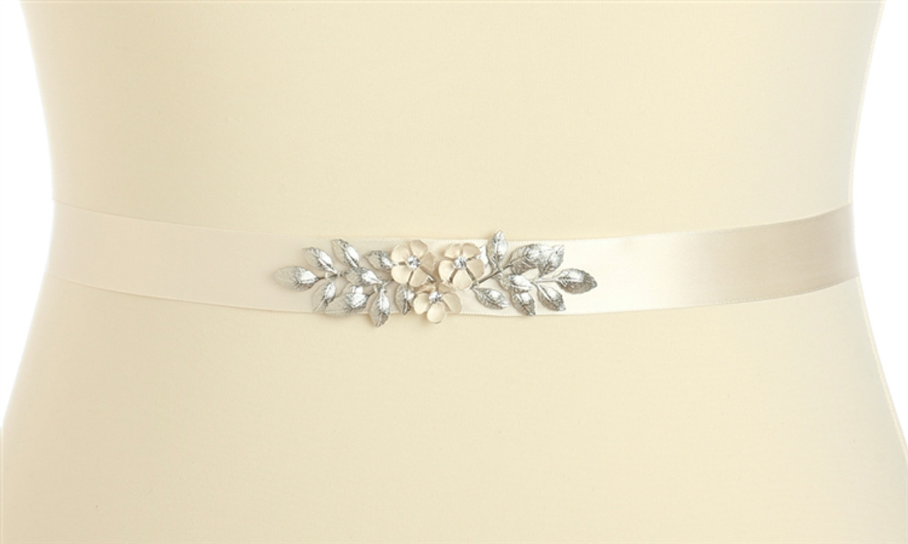 Mariell Bridals Hand Enameled Tea Rose Bridal Sash Belt 4482BT in Ivory Gold